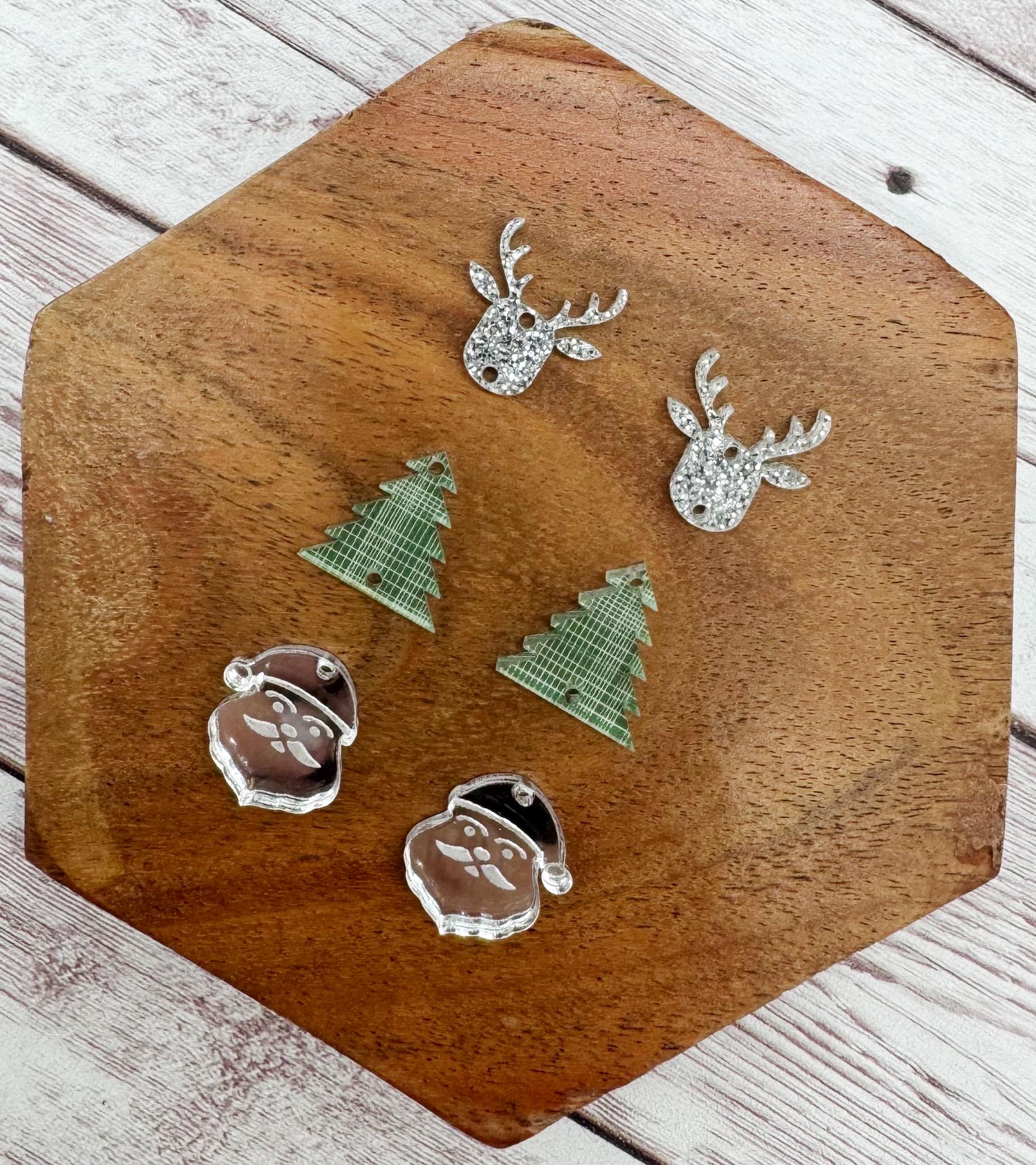 Green and Silver Tone Christmas Trio Acrylic Earring Blanks, Christmas, Winter, DIY Jewelry Making