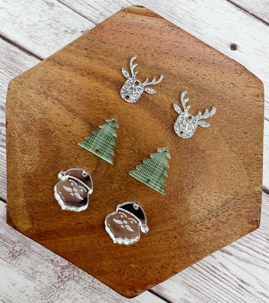 Green and Silver Tone Christmas Trio Acrylic Earring Blanks, Christmas, Winter, DIY Jewelry Making