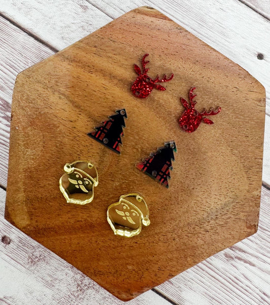 Red, Green, and Gold Tone Christmas Trio Acrylic Earring Blanks, Christmas, Winter, DIY Jewelry Making