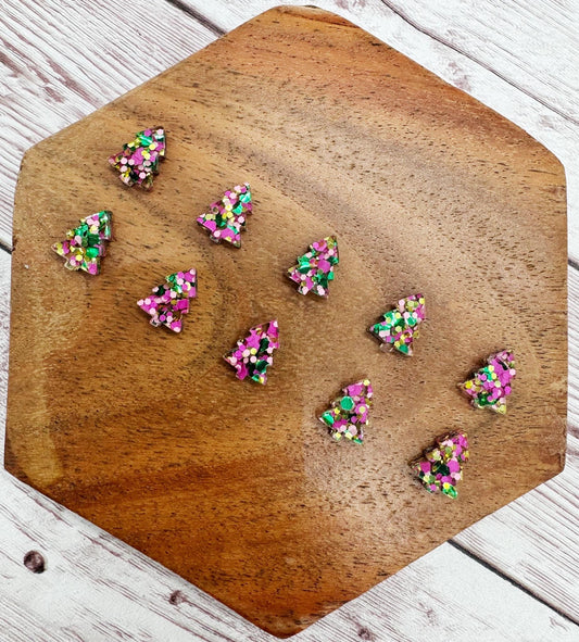 Pink Green Gold Glitter Acrylic Christmas Tree Stud Earring Blanks Set of 5 Pair DIY Jewelry Making
