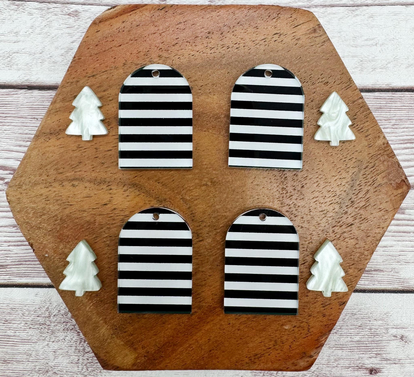 Black and White Stripe Arch and Winter Christmas Tree Layered Acrylic Earring Blanks, DIY Jewelry Making
