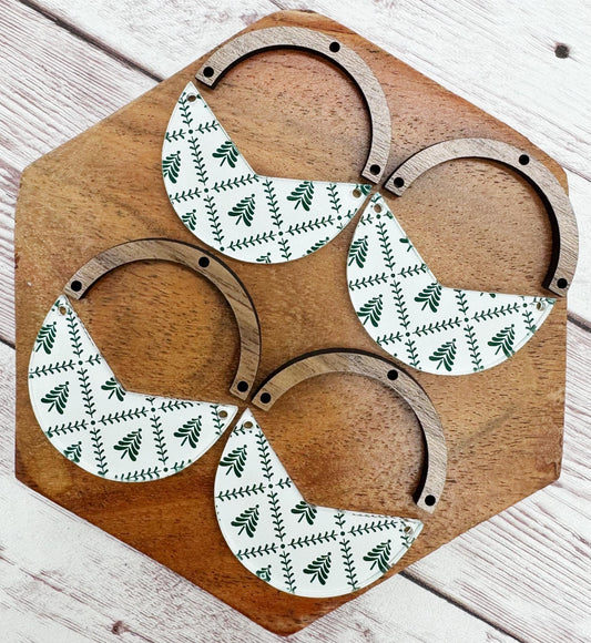 Green Holiday Tree Lattice Print Acrylic and Wood Arch Round Earring Blanks, DIY Jewelry Making