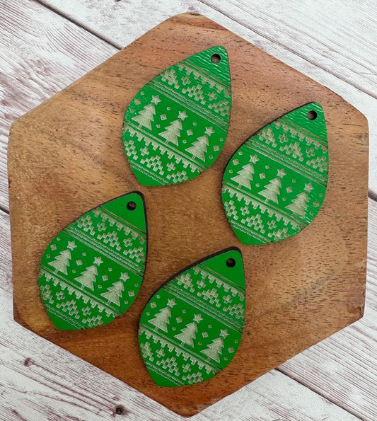 Green Engraved Wood Tree Sweater Print Winter Earring Blanks, DIY Jewelry Making