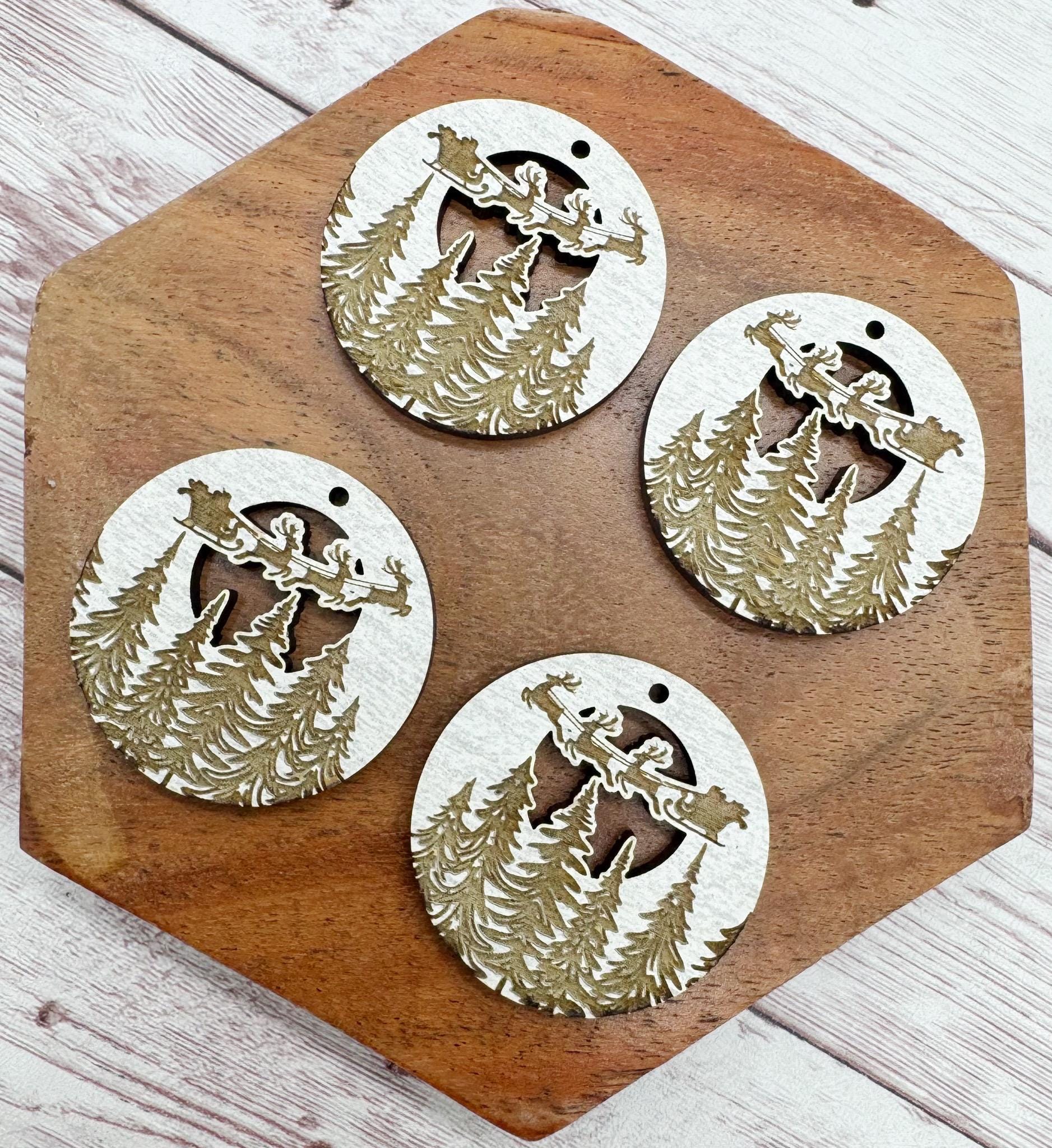 Engraved Santa Sleigh and Reindeer Round Winter Christmas Earring Blanks, DIY Jewelry Making