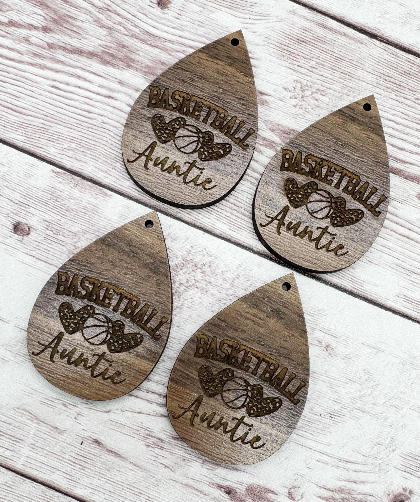 Wood Engraved Basketball Auntie Earring Blanks, Sports, Finished Walnut Blank, DIY Jewelry Making