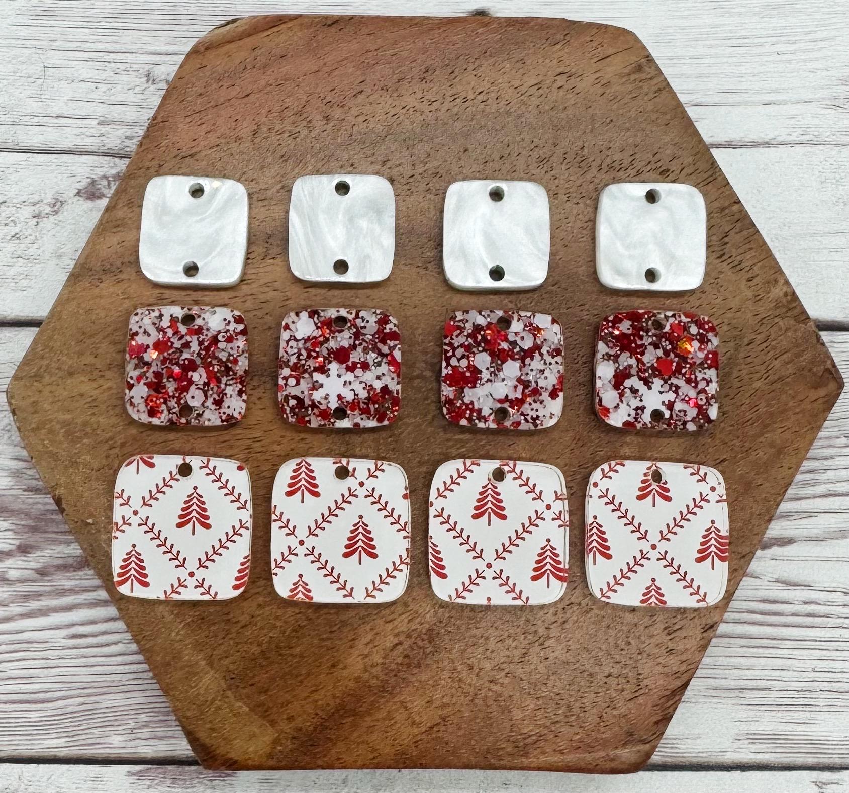 Red Winter Christmas Tree and Glitter Acrylic Rounded Square Trio Set Earring Blanks, DIY Jewelry Making