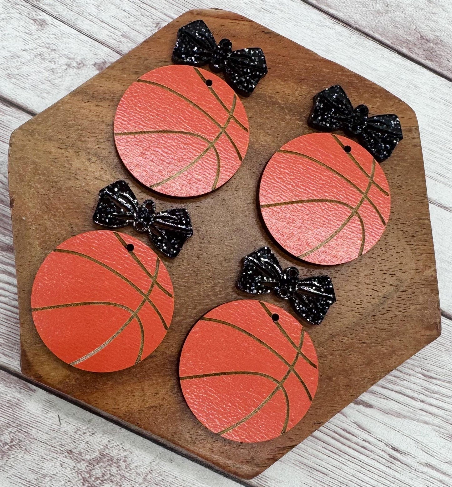 Engraved Wood Basketball and Black Glitter Acrylic Bow Connector Set Earring Blanks, DIY Jewelry Making
