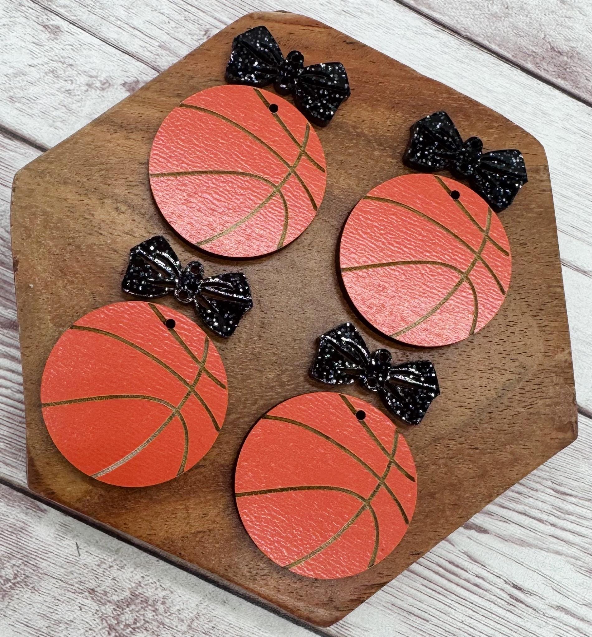 Engraved Wood Basketball and Black Glitter Acrylic Bow Connector Set Earring Blanks, DIY Jewelry Making