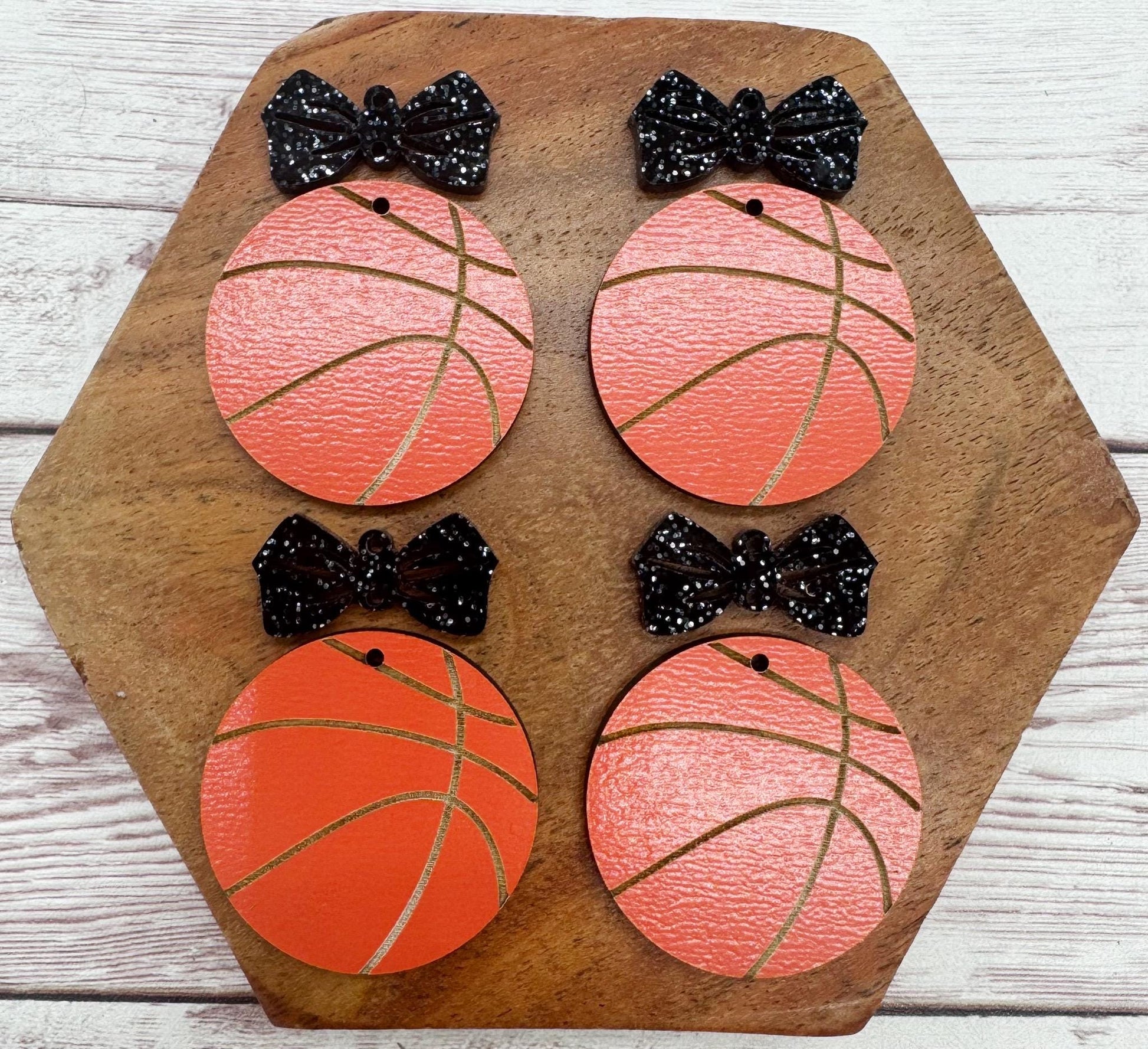 Engraved Wood Basketball and Black Glitter Acrylic Bow Connector Set Earring Blanks, DIY Jewelry Making