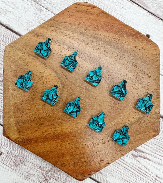 Cow Tag Animal Stud Earring Blanks Set of 5 Pair Teal Tooled Leather Print Acrylic DIY Jewelry Making