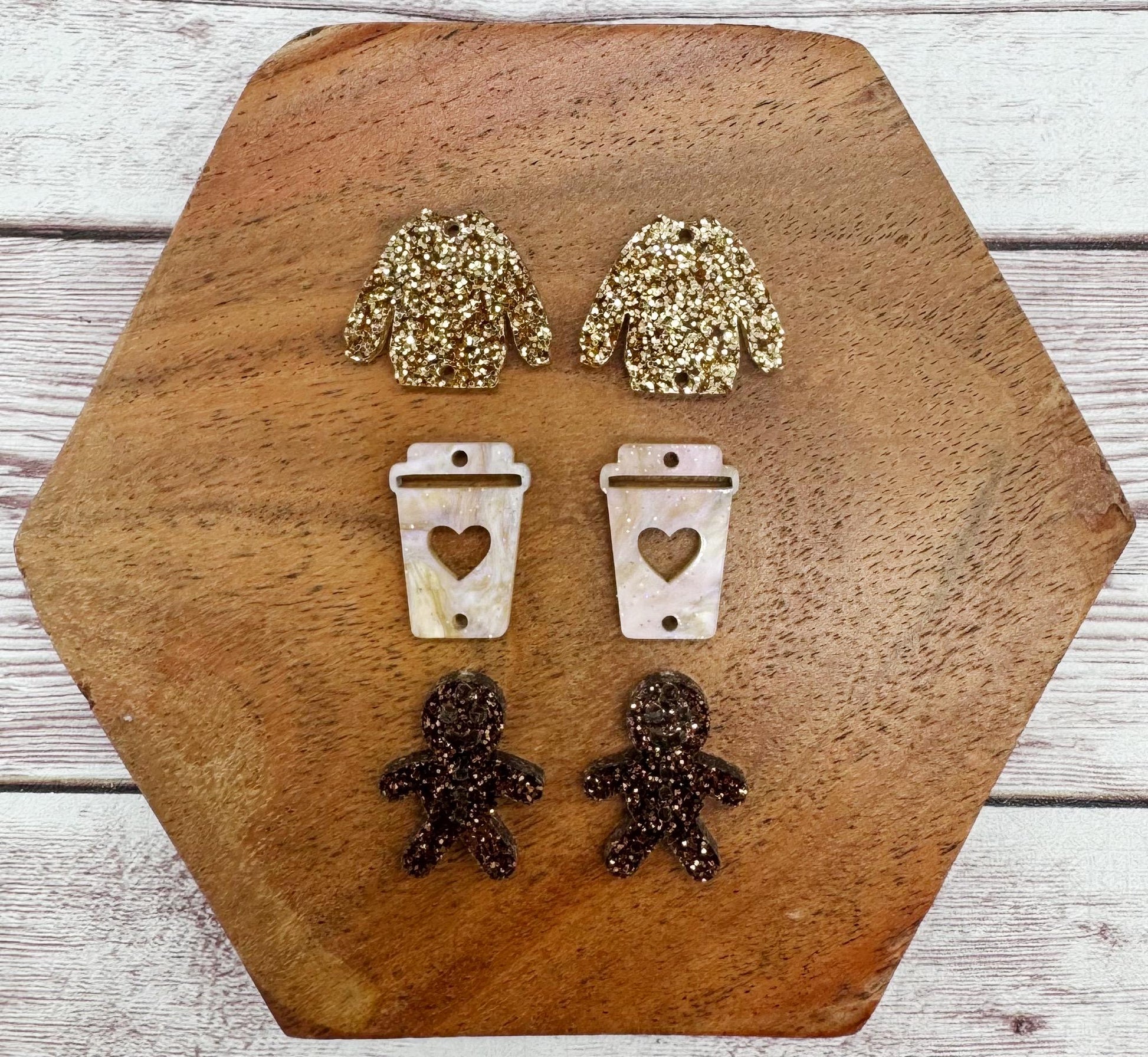 Sweater, Coffee, Gingerbread Man Holiday Trio Acrylic Earring Blanks, Christmas, Winter, DIY Jewelry Making