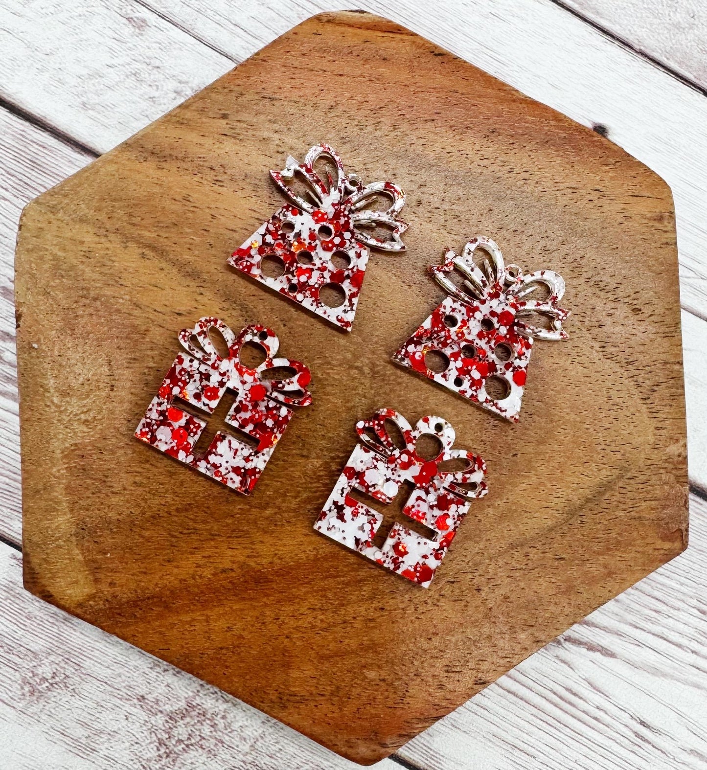 White and Red Glitter Present Duo Acrylic Earring Blanks, Christmas, Winter, DIY Jewelry Making