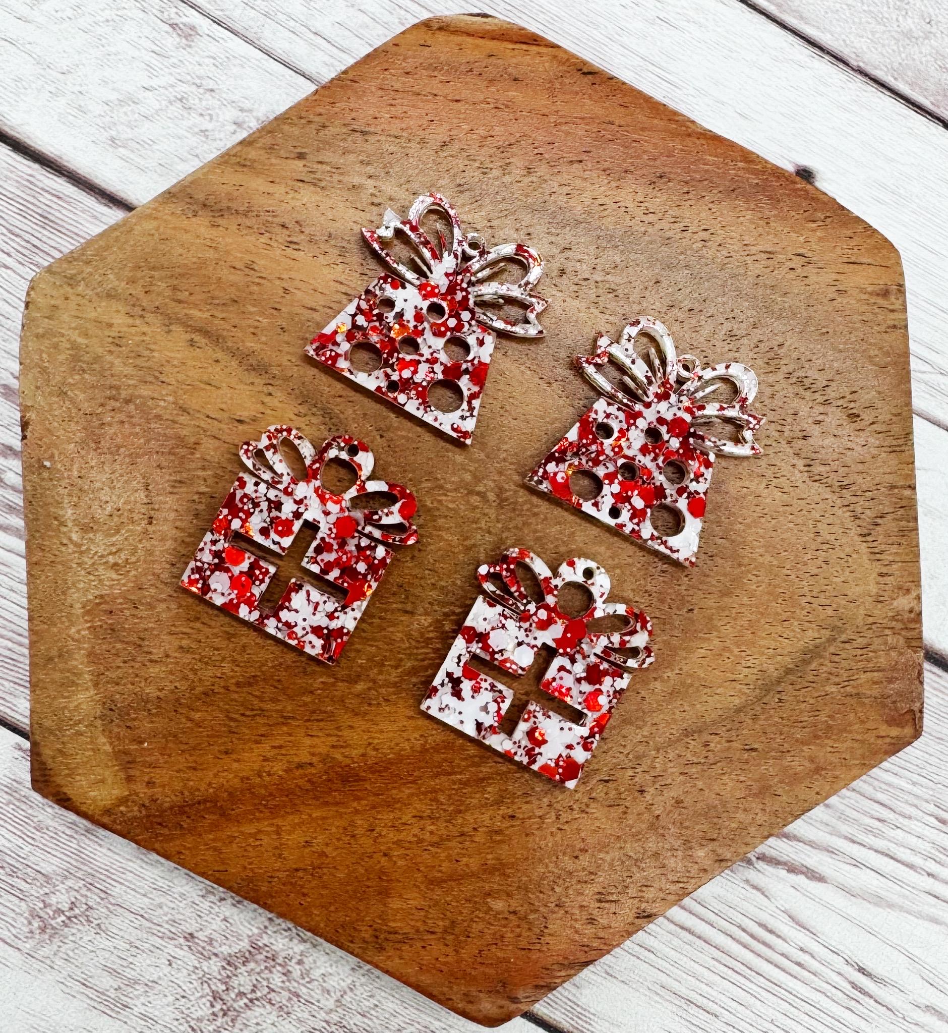 White and Red Glitter Present Duo Acrylic Earring Blanks, Christmas, Winter, DIY Jewelry Making