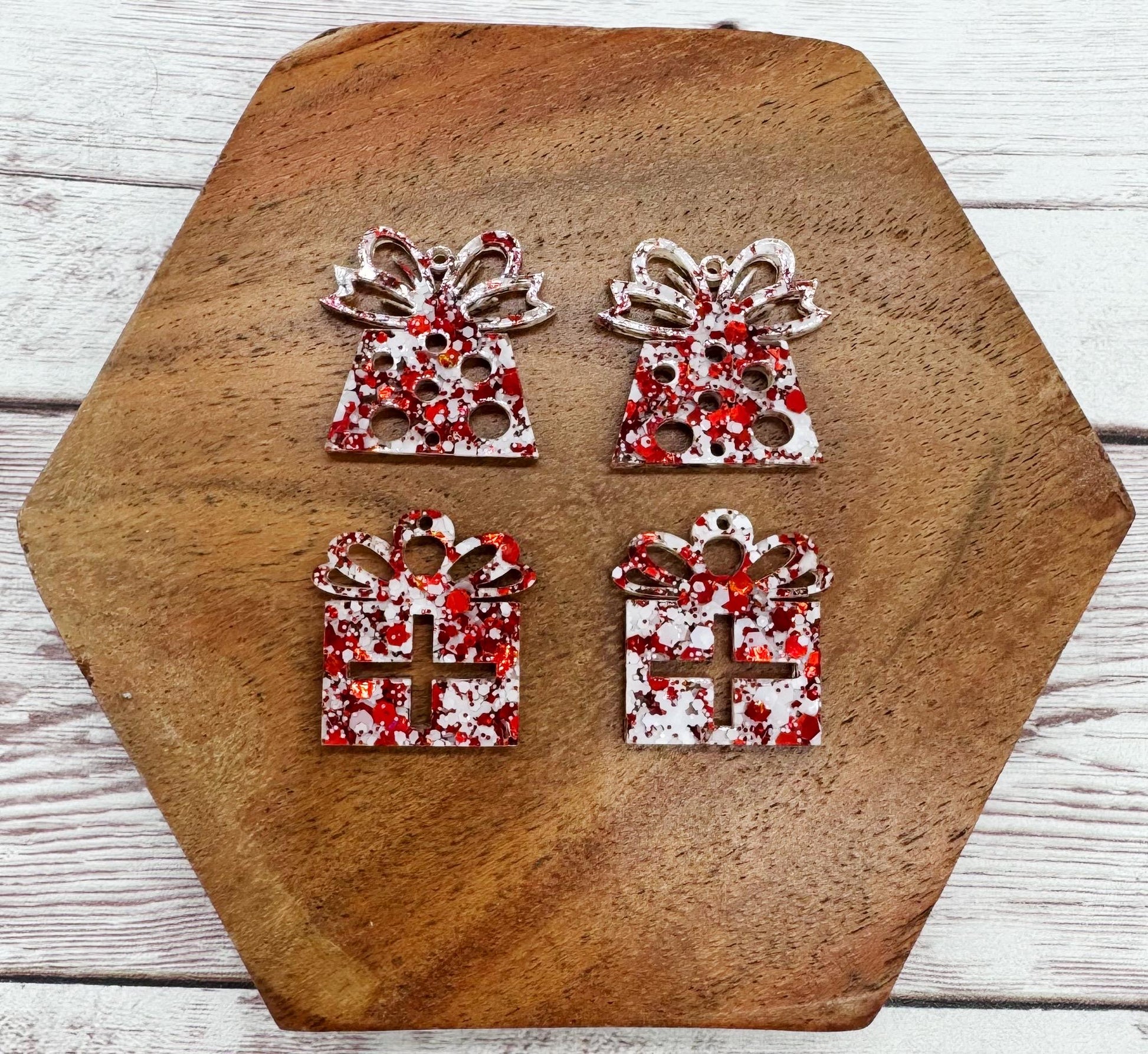White and Red Glitter Present Duo Acrylic Earring Blanks, Christmas, Winter, DIY Jewelry Making