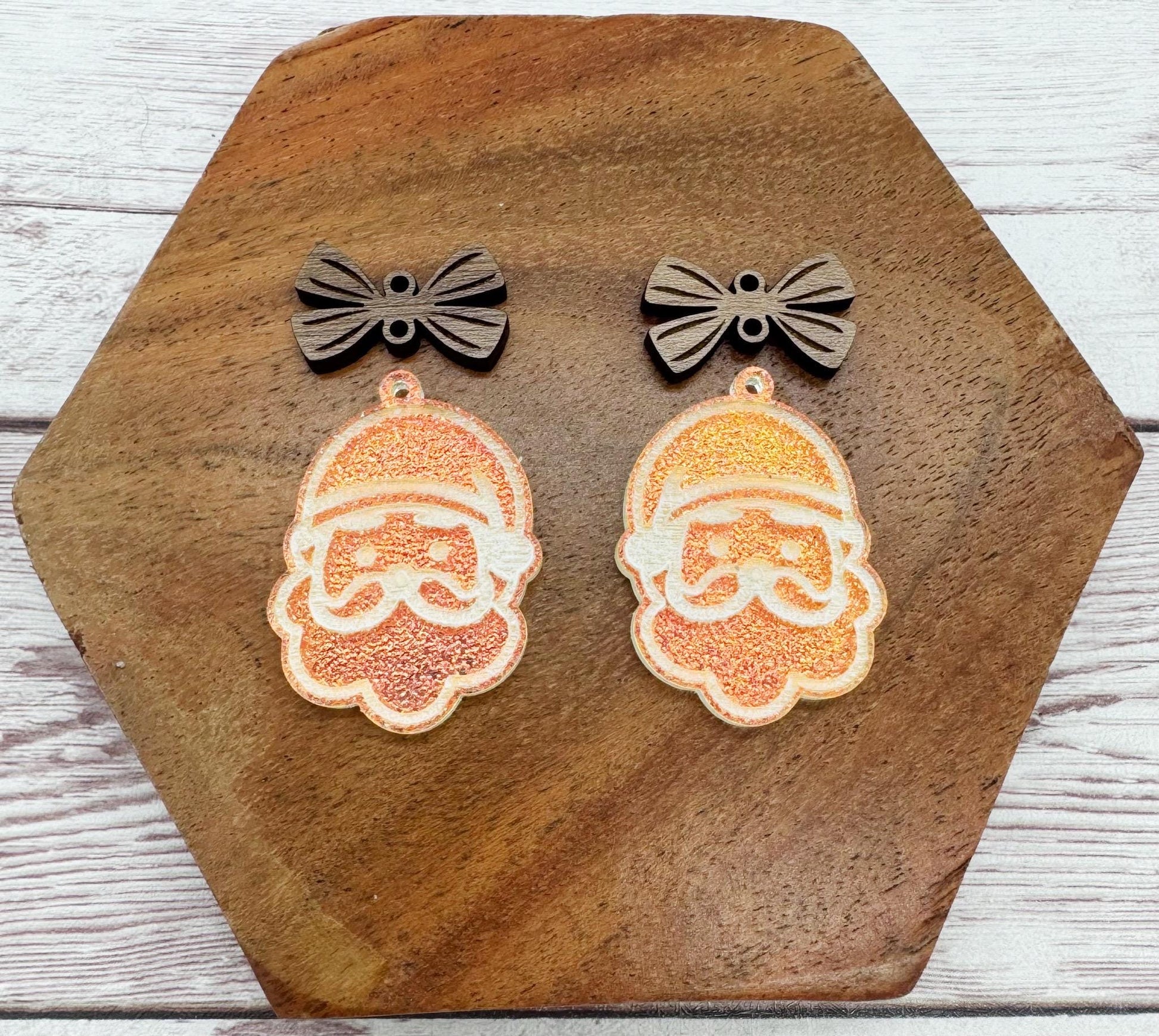 Engraved Matte Iridescent Acrylic Santa and Walnut Bow Earring Blanks, Christmas, Winter, DIY Jewelry Making
