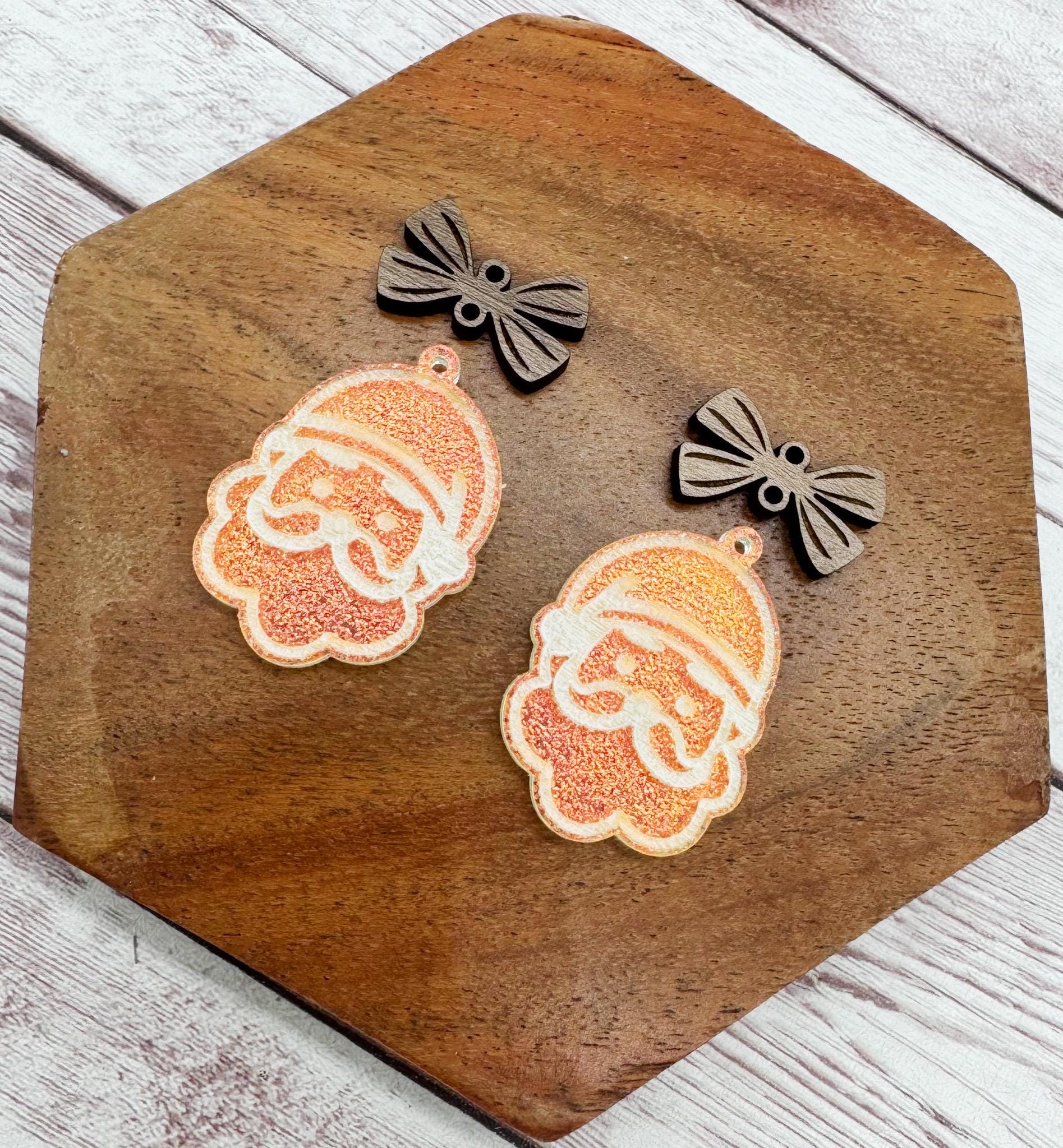 Engraved Matte Iridescent Acrylic Santa and Walnut Bow Earring Blanks, Christmas, Winter, DIY Jewelry Making