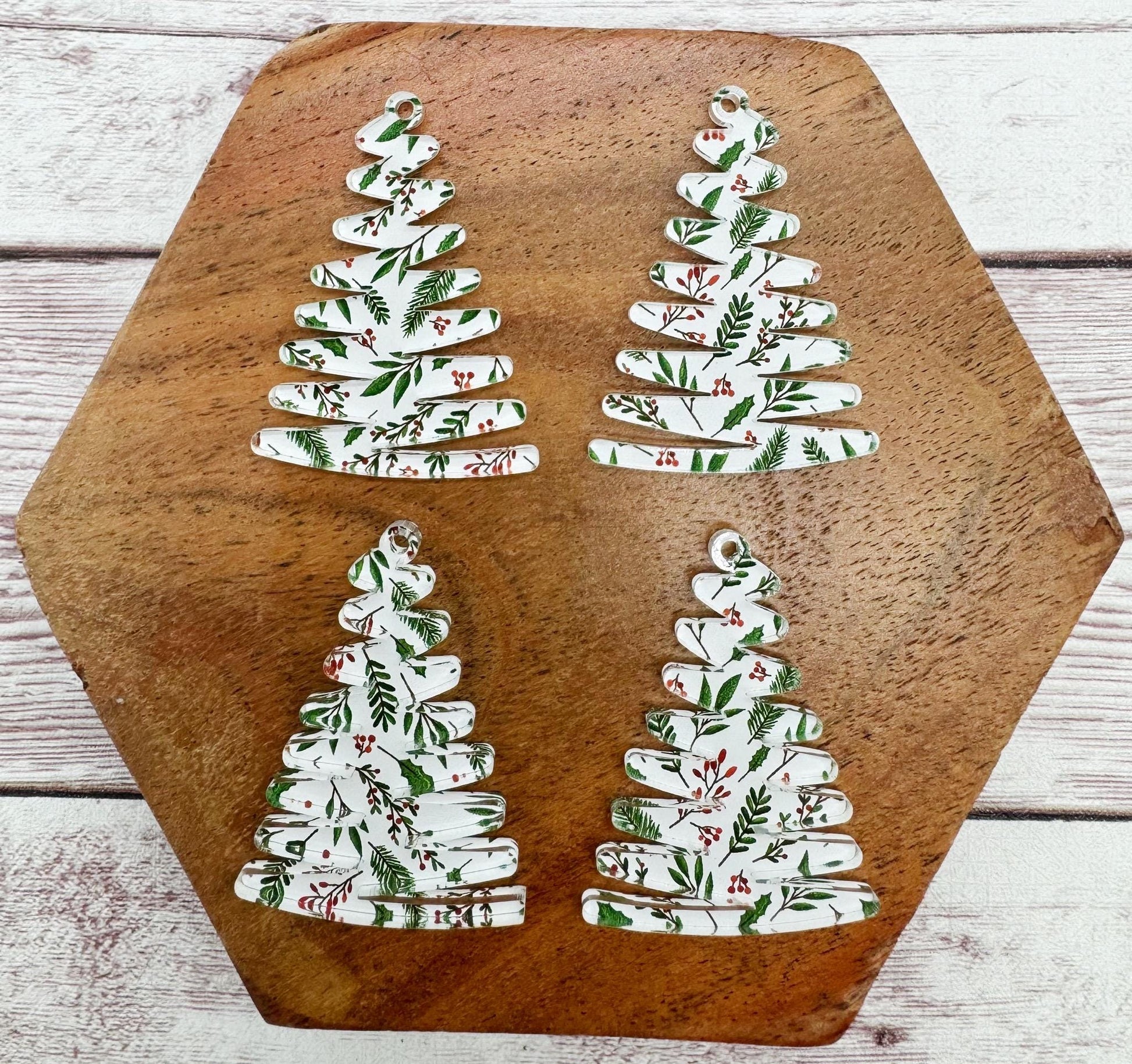 Branches and Berries Print Zigzag Winter Christmas Tree Acrylic Earring Blanks, DIY Jewelry Making