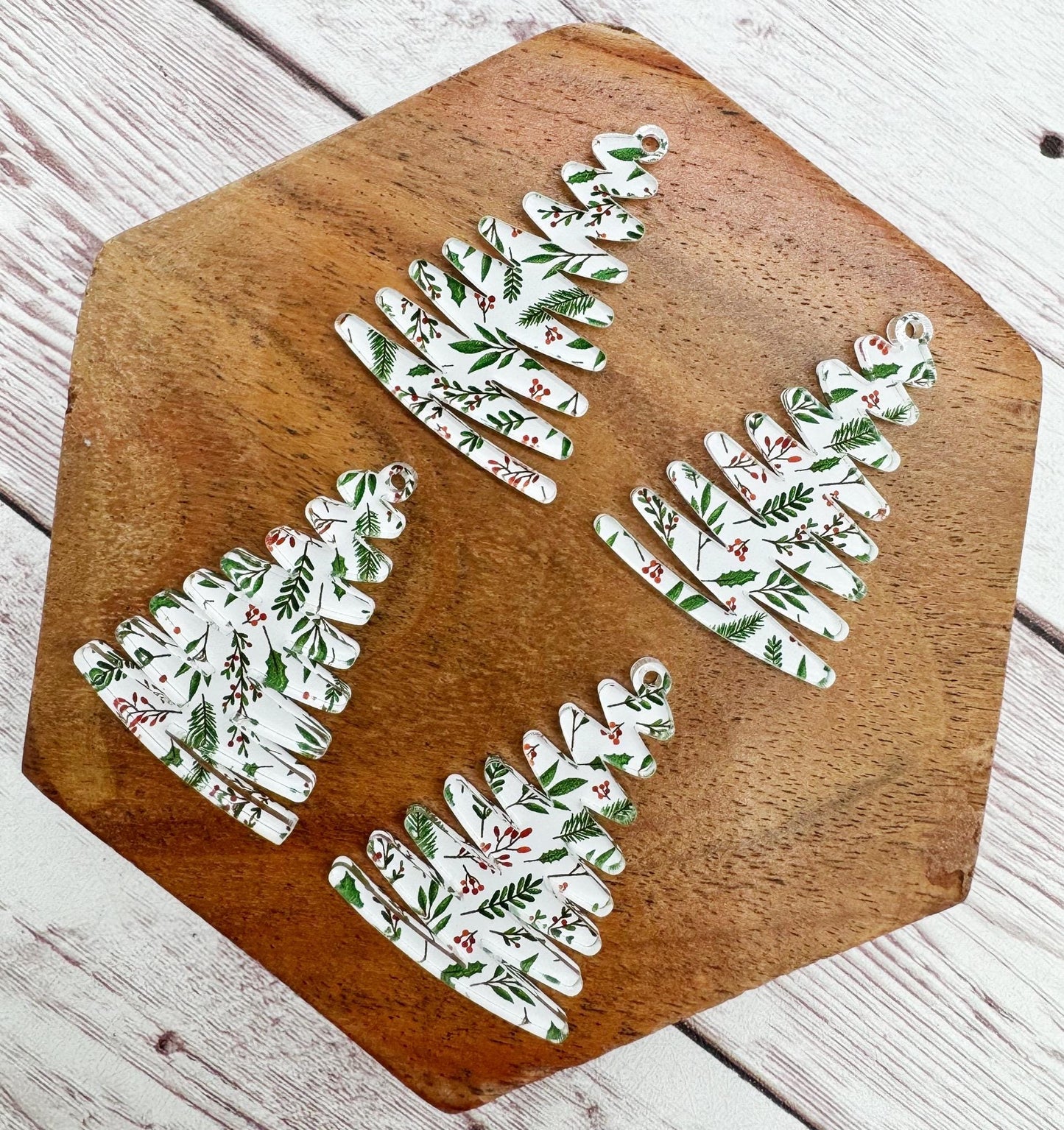 Branches and Berries Print Zigzag Winter Christmas Tree Acrylic Earring Blanks, DIY Jewelry Making
