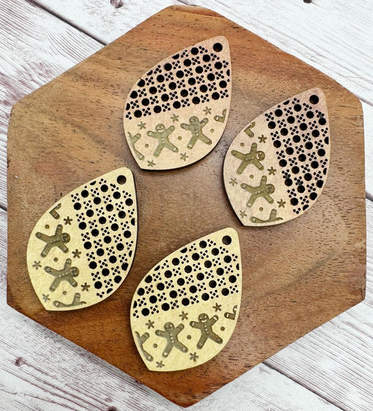 Engraved Gingerbread Man Rattan Winter Christmas Earring Blanks, DIY Jewelry Making