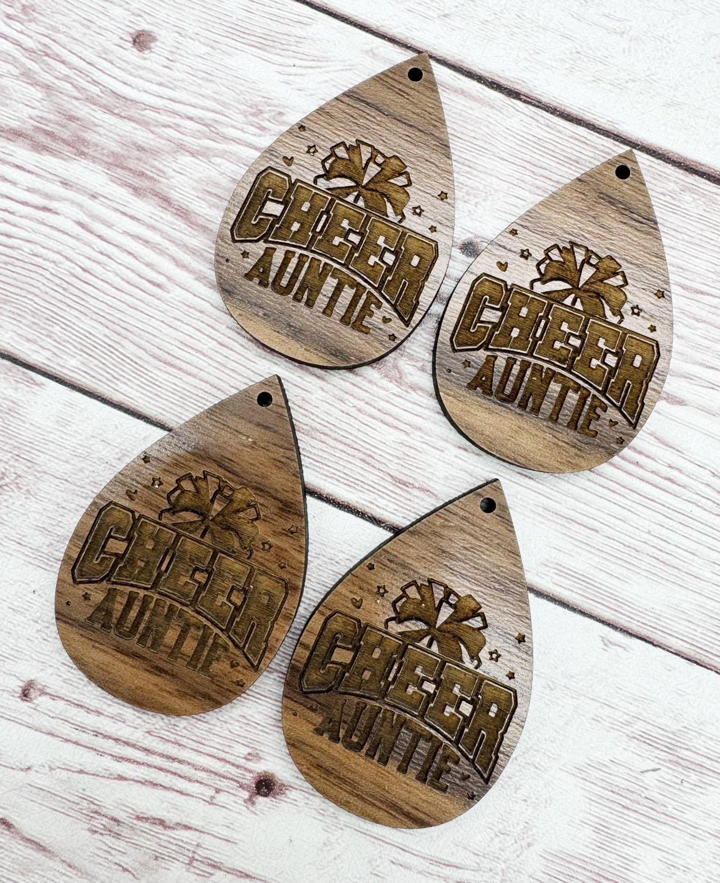 Wood Engraved Cheer Auntie Earring Blanks, Sports, Finished Walnut Blank, DIY Jewelry Making