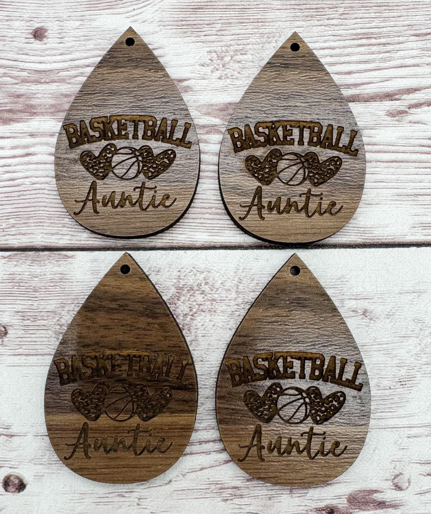 Wood Engraved Basketball Auntie Earring Blanks, Sports, Finished Walnut Blank, DIY Jewelry Making