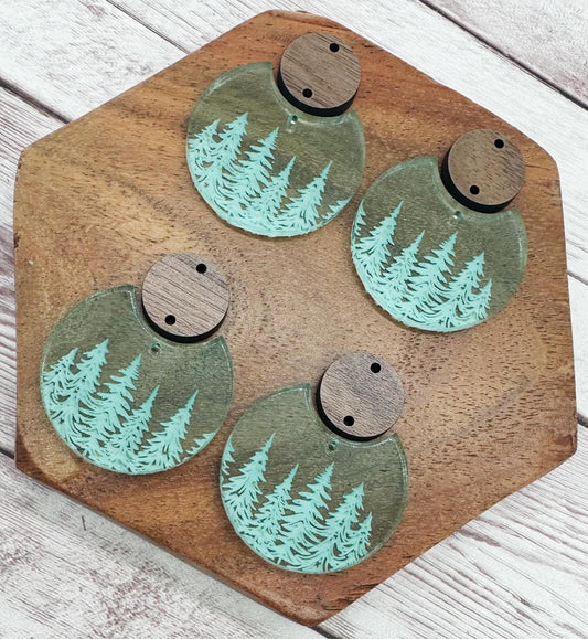 Engraved Trees Green Glass Acrylic Winter Set Christmas Earring Blank Set, DIY Jewelry Making