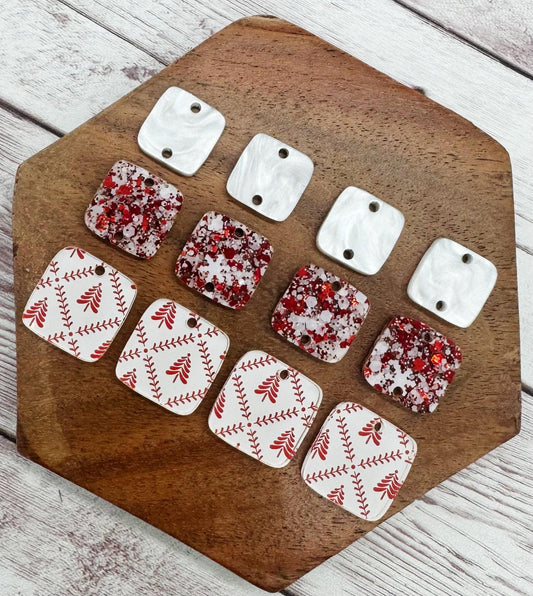 Red Winter Christmas Tree and Glitter Acrylic Rounded Square Trio Set Earring Blanks, DIY Jewelry Making