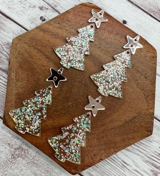 Champagne Glitter Christmas Tree with Mirrored Rose Gold Star Connector Acrylic Earring Blanks, DIY Jewelry Making