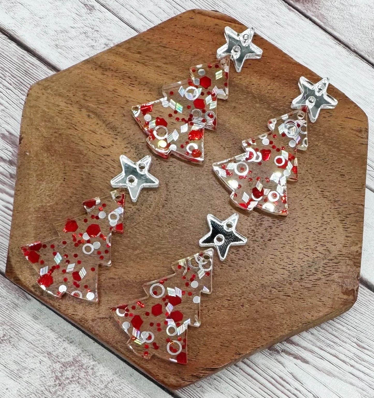 Red and Silver Glitter Christmas Tree with Mirrored Silver Star Connector Acrylic Earring Blanks, DIY Jewelry Making