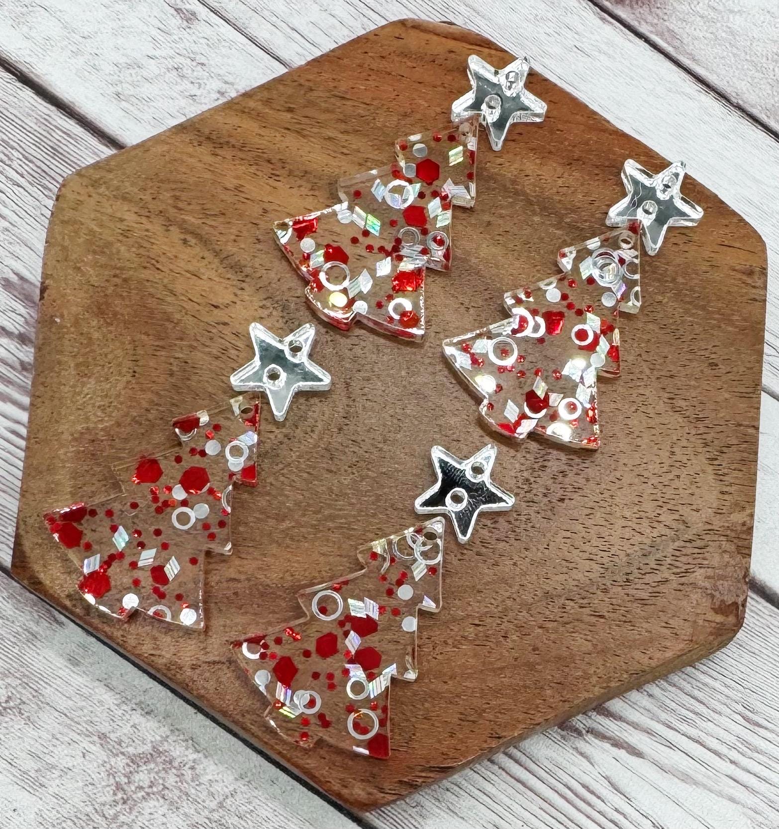 Red and Silver Glitter Christmas Tree with Mirrored Silver Star Connector Acrylic Earring Blanks, DIY Jewelry Making