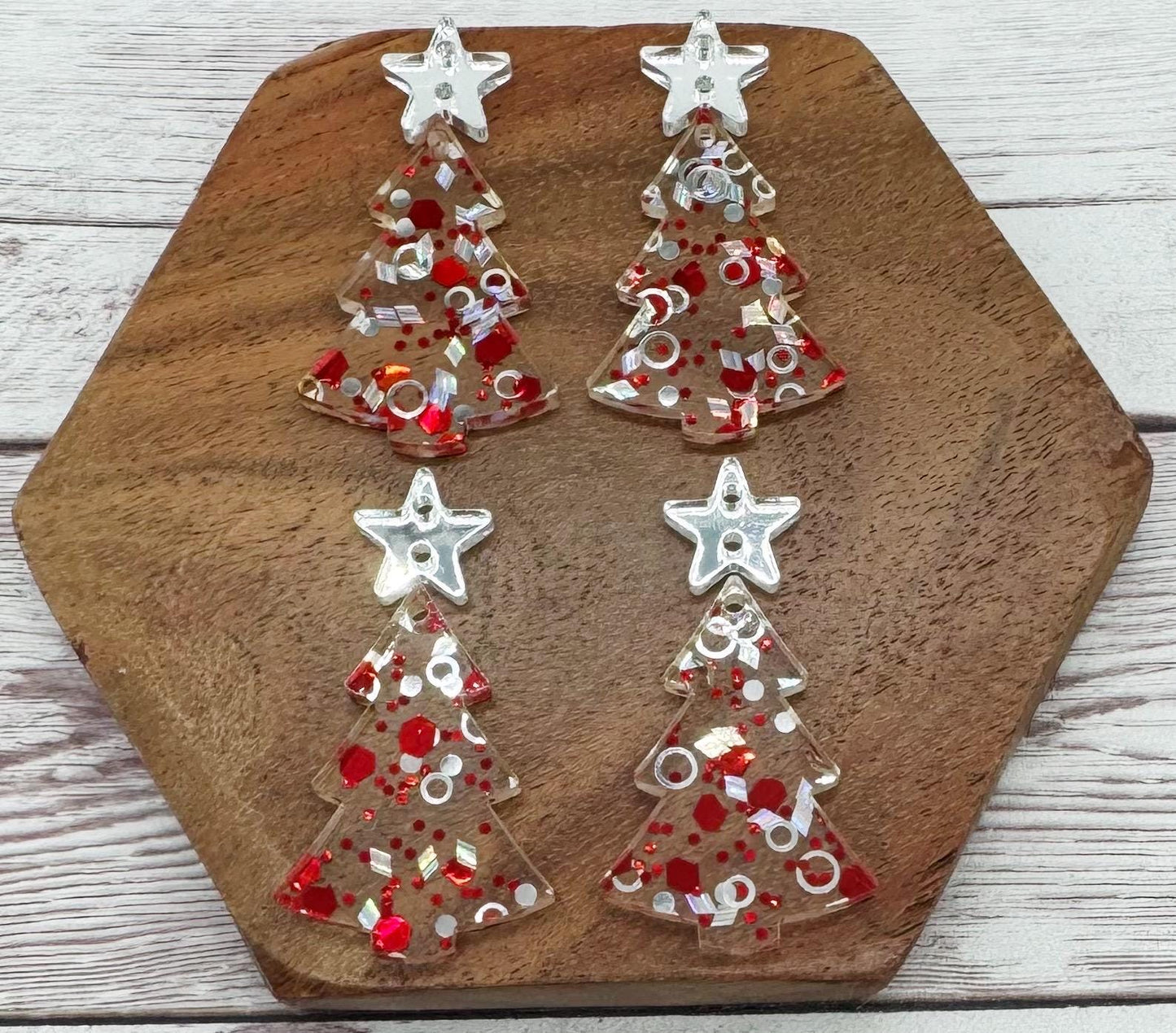 Red and Silver Glitter Christmas Tree with Mirrored Silver Star Connector Acrylic Earring Blanks, DIY Jewelry Making