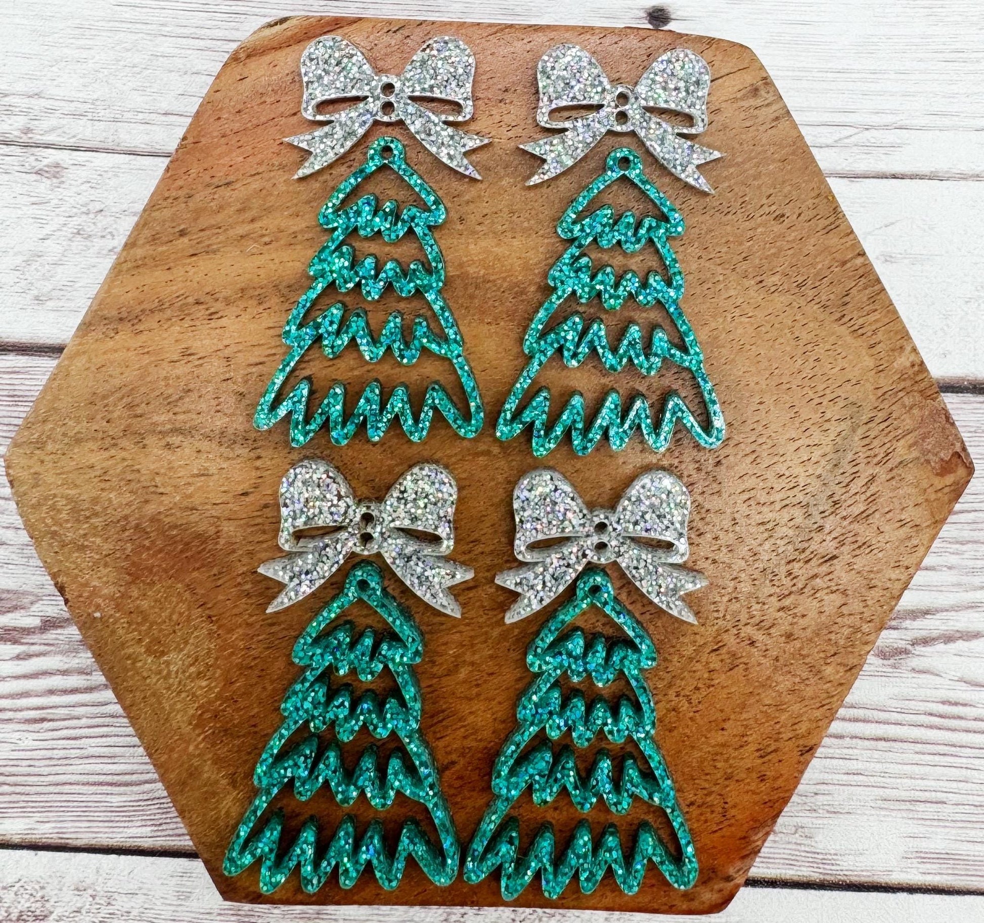 Teal Glitter Doodle Christmas Tree and Holographic Glitter Bow Connector Set Earring Blanks, DIY Jewelry Making