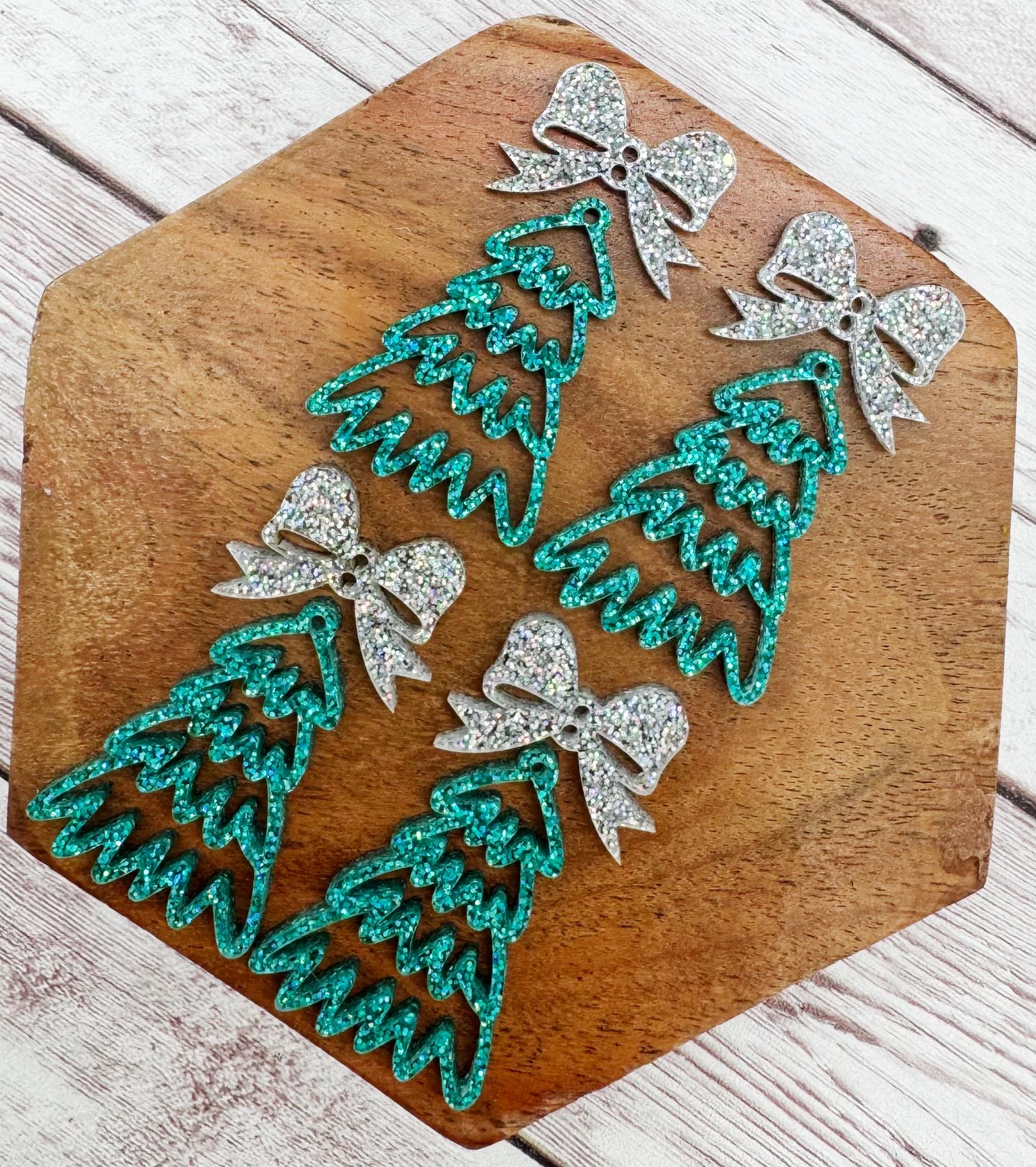 Teal Glitter Doodle Christmas Tree and Holographic Glitter Bow Connector Set Earring Blanks, DIY Jewelry Making