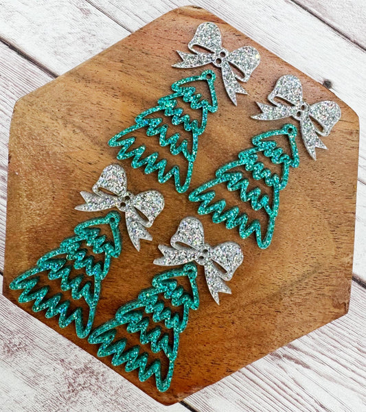 Teal Glitter Doodle Christmas Tree and Holographic Glitter Bow Connector Set Earring Blanks, DIY Jewelry Making
