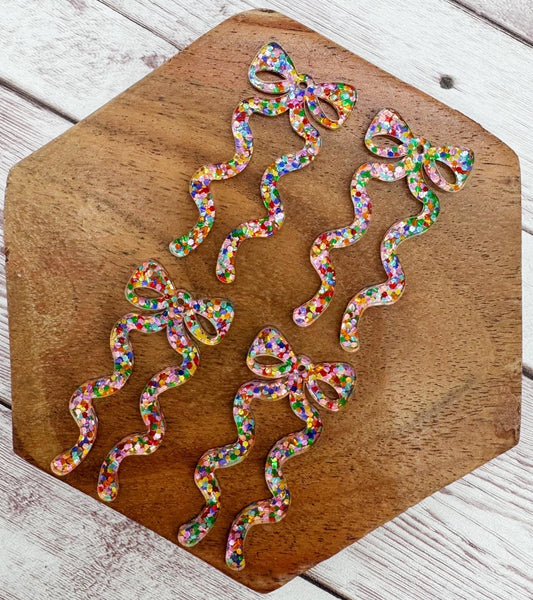 Winter Christmas Multicolor Glitter Acrylic Long Ribbon Bow Earring Blanks, DIY Jewelry Making