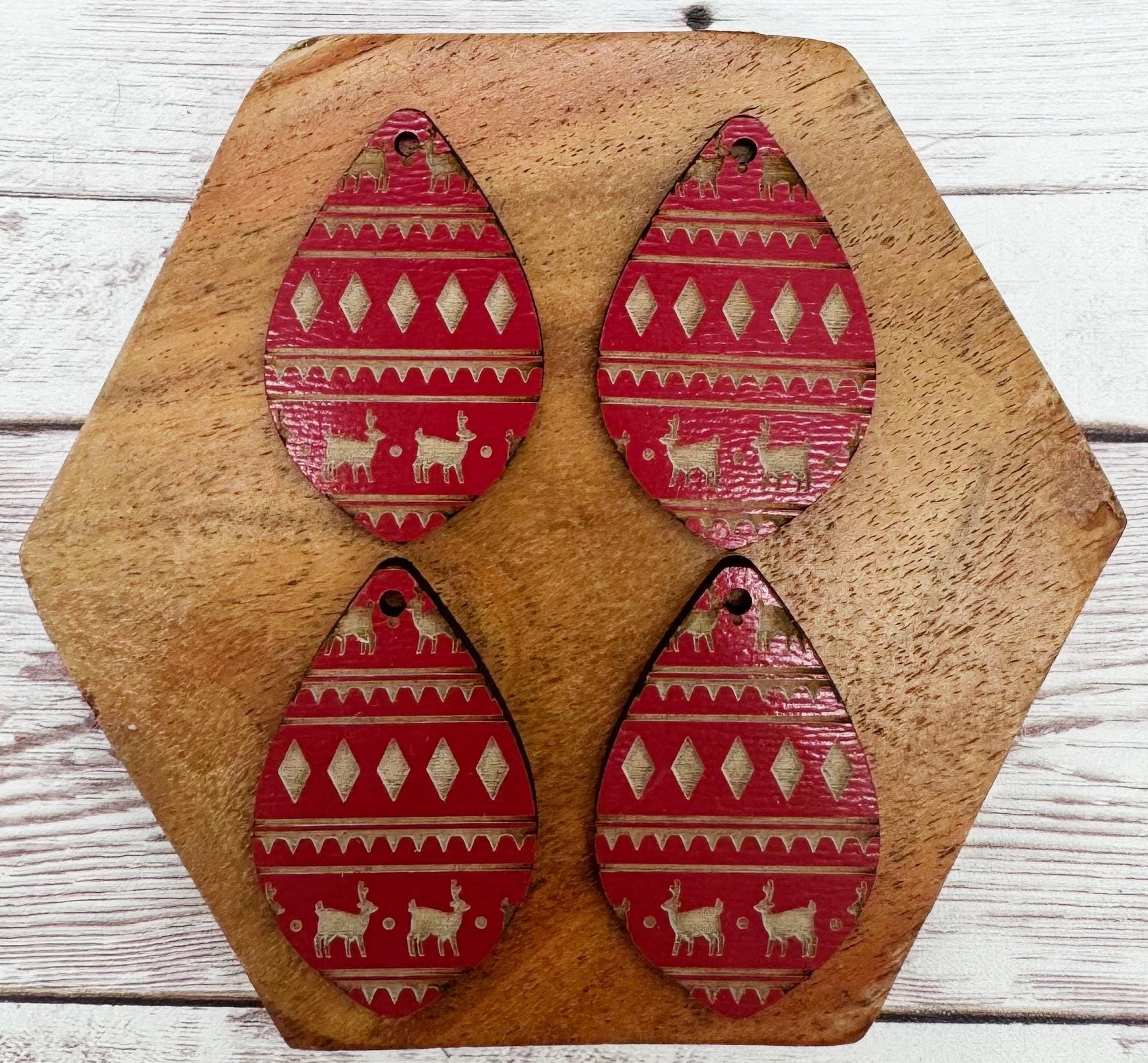 Burgundy Engraved Wood Deer Sweater Print Winter Earring Blanks, DIY Jewelry Making
