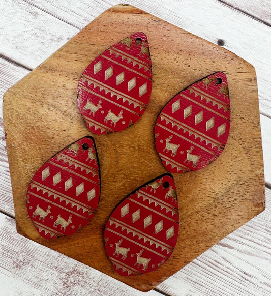 Burgundy Engraved Wood Deer Sweater Print Winter Earring Blanks, DIY Jewelry Making
