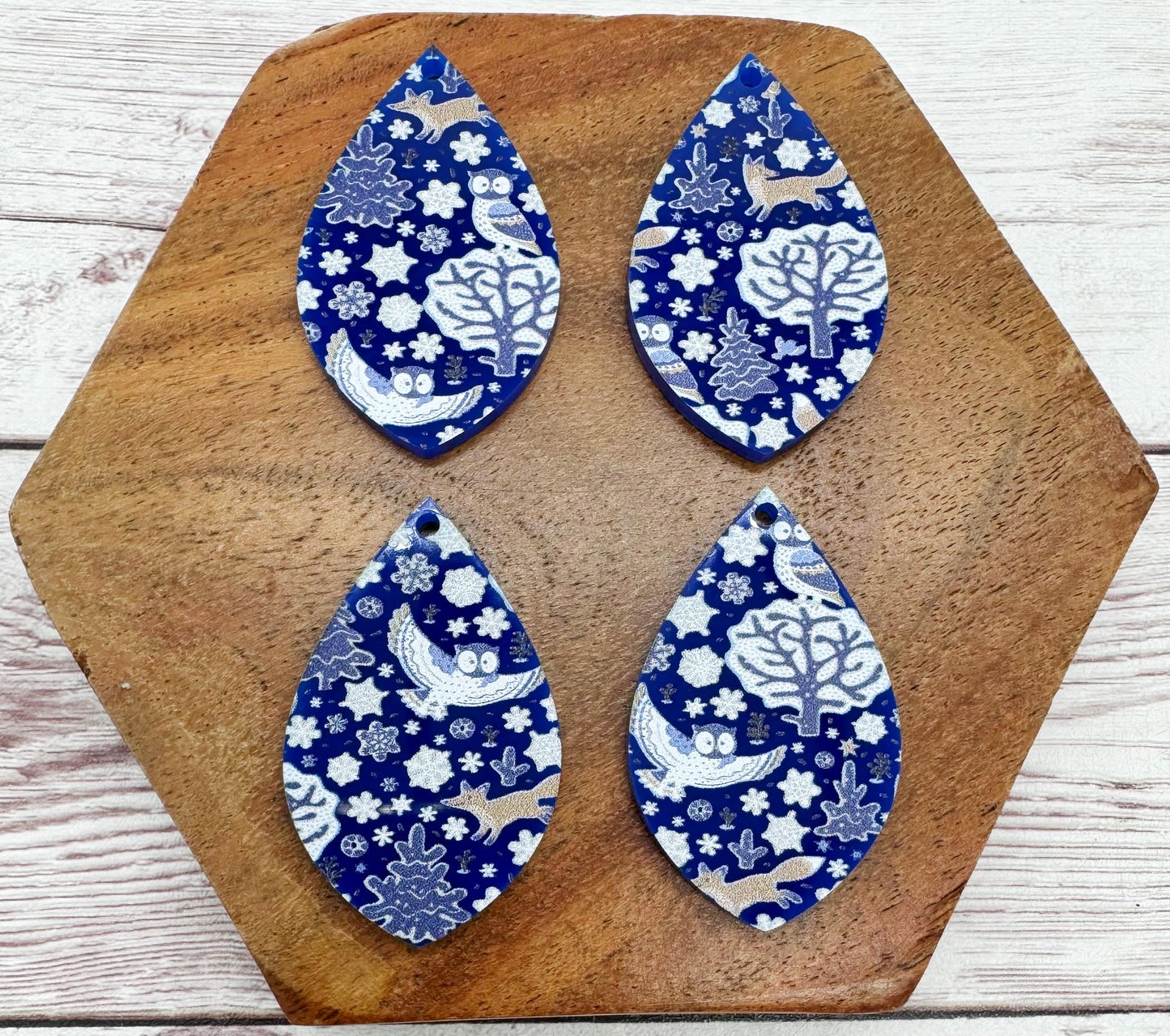 Winter Fox and Owl Blue Print Acrylic Teardrop Earring Blanks, Winter, Christmas, DIY Jewelry Making