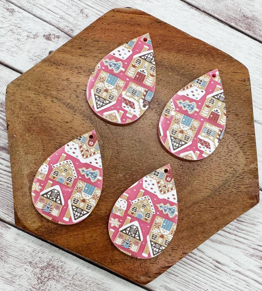 Patterned Pink Gingerbread House Print Winter Christmas Acrylic Teardrop Earring Blanks, DIY Jewelry Making