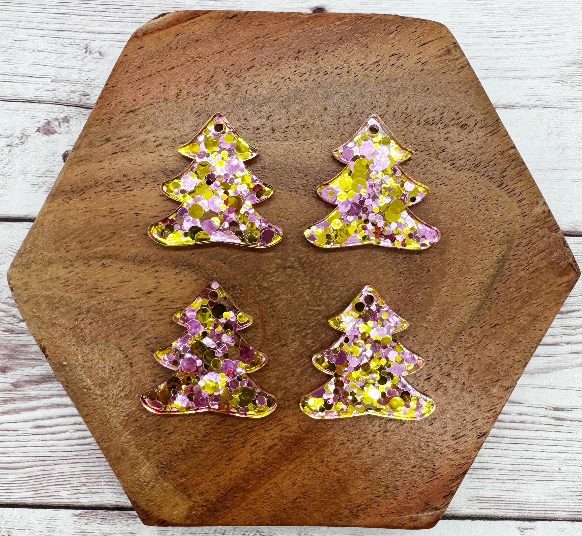Set of 2 Pink and Gold Glitter Acrylic Christmas Tree Earring Blanks DIY Jewelry Making
