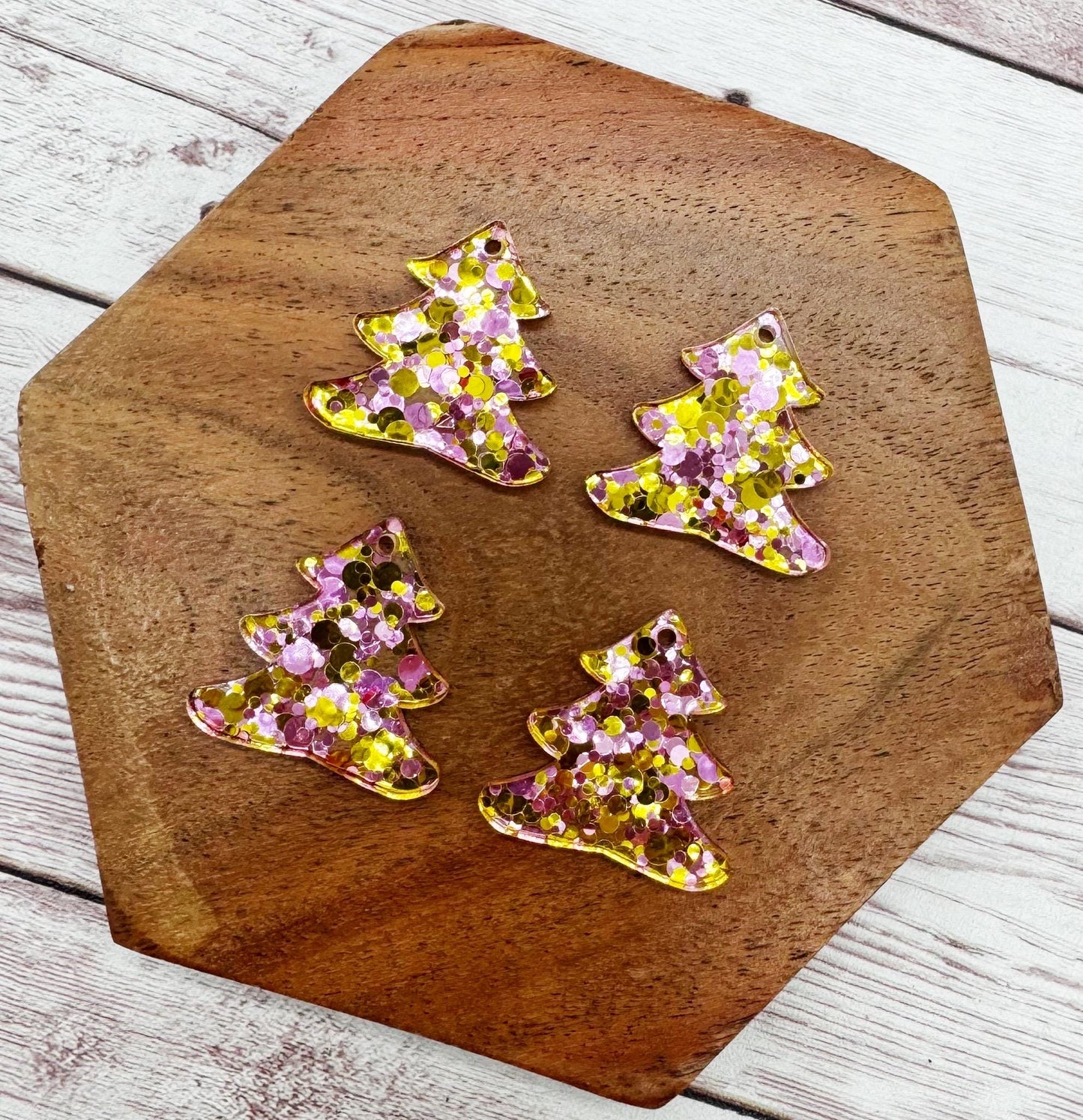 Set of 2 Pink and Gold Glitter Acrylic Christmas Tree Earring Blanks DIY Jewelry Making