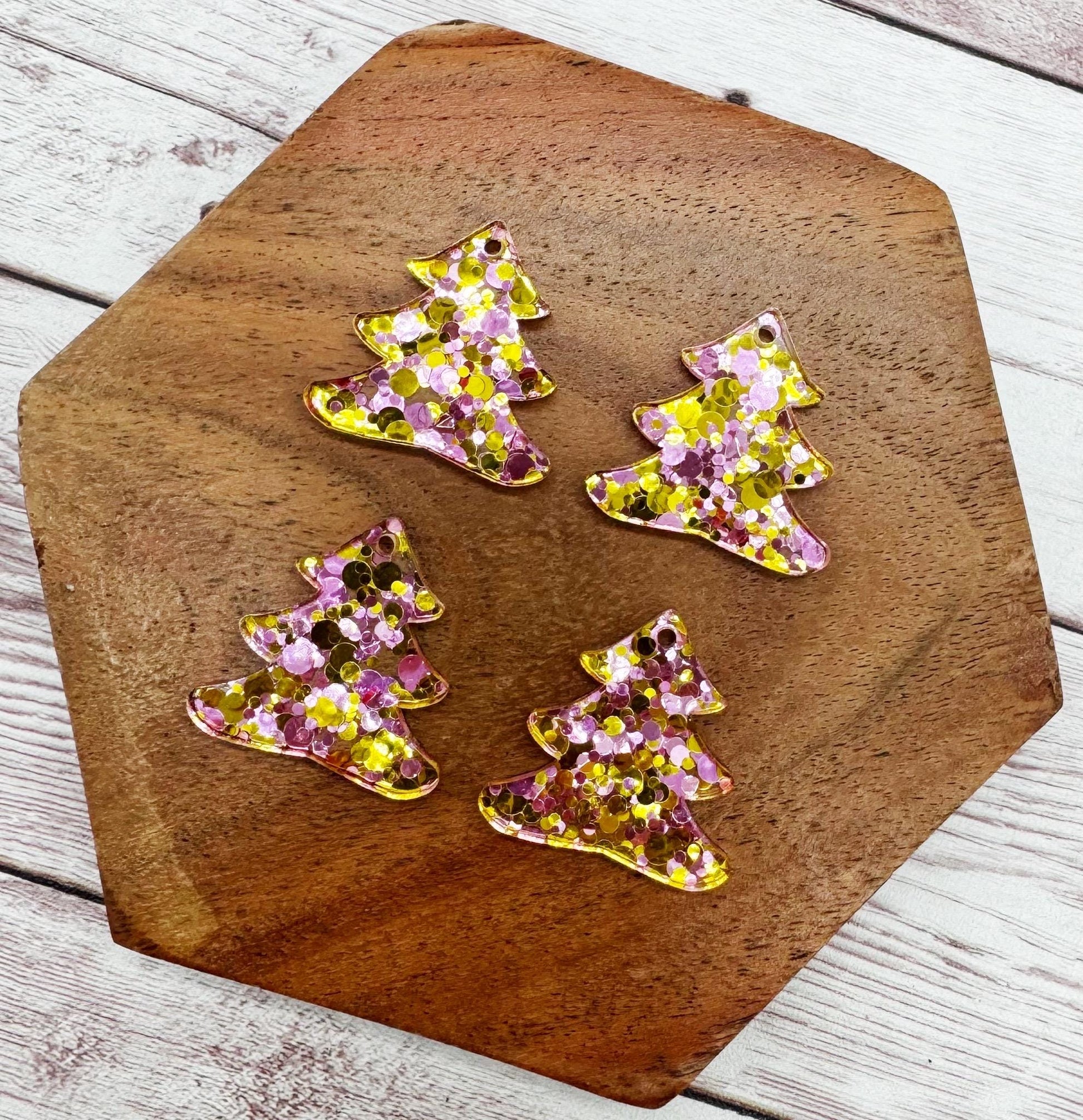 Set of 2 Pink and Gold Glitter Acrylic Christmas Tree Earring Blanks DIY Jewelry Making