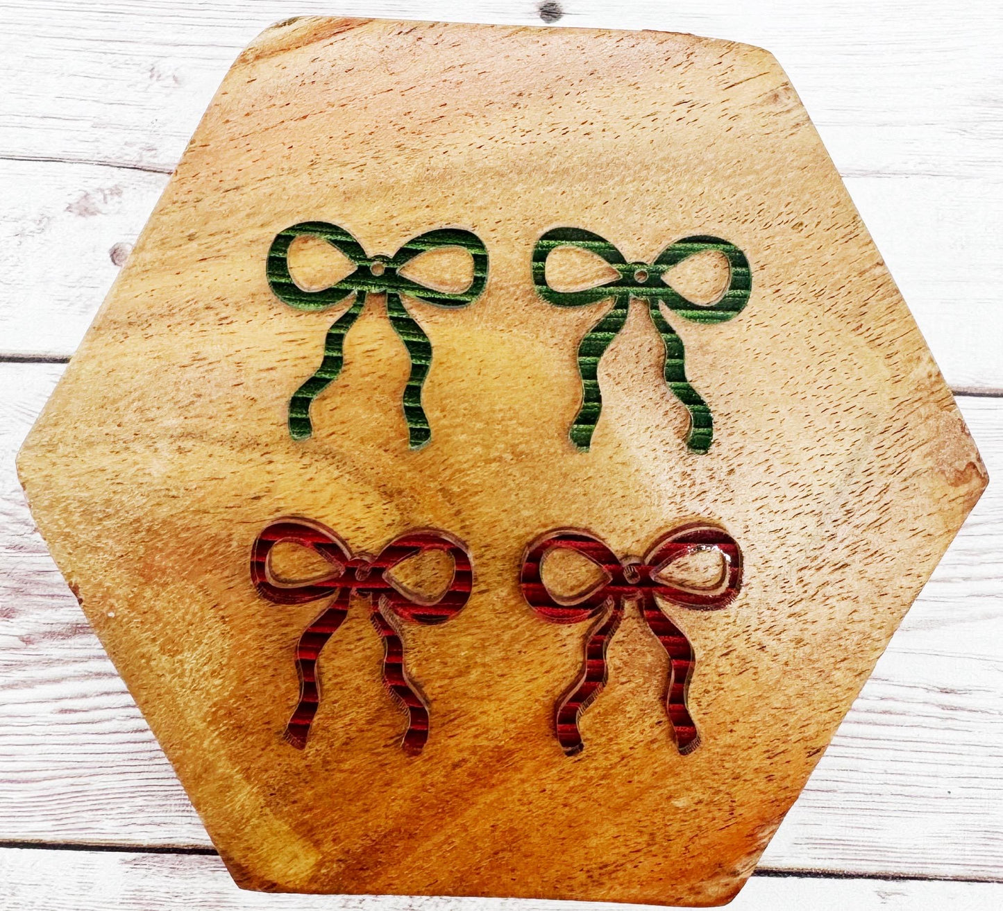 Set of 2 Red and Green Print Acrylic Mini Croquet Bow Earring Blanks DIY Jewelry Making