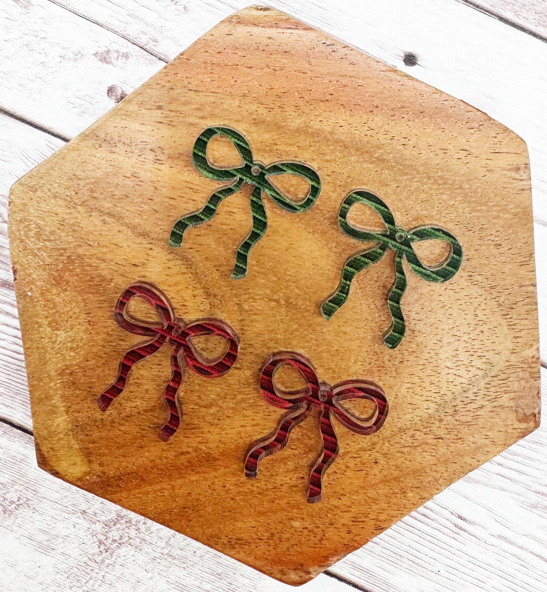 Set of 2 Red and Green Print Acrylic Mini Croquet Bow Earring Blanks DIY Jewelry Making