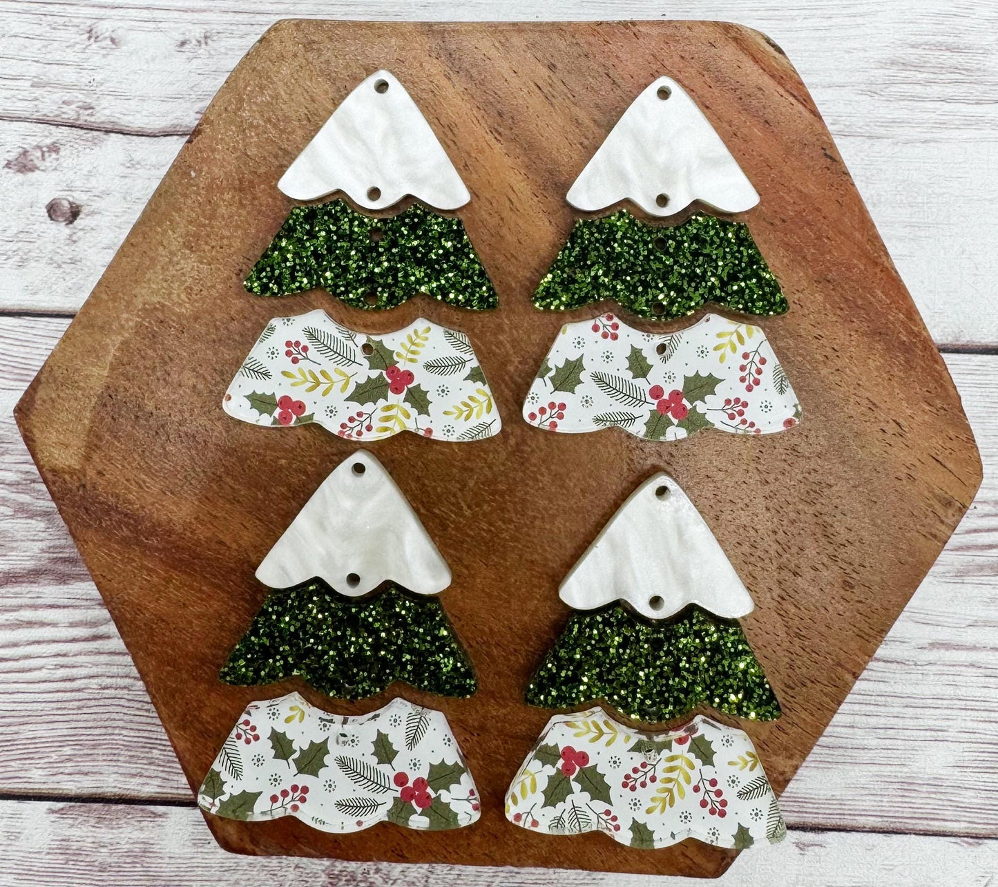 Evergreen and Berries Print Acrylic Tiered Christmas Tree Set Earring Blanks, DIY Jewelry Making