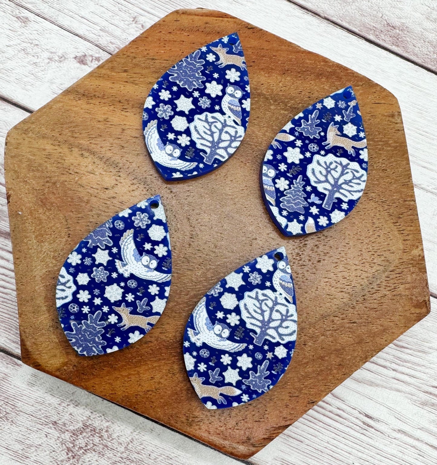 Winter Fox and Owl Blue Print Acrylic Teardrop Earring Blanks, Winter, Christmas, DIY Jewelry Making