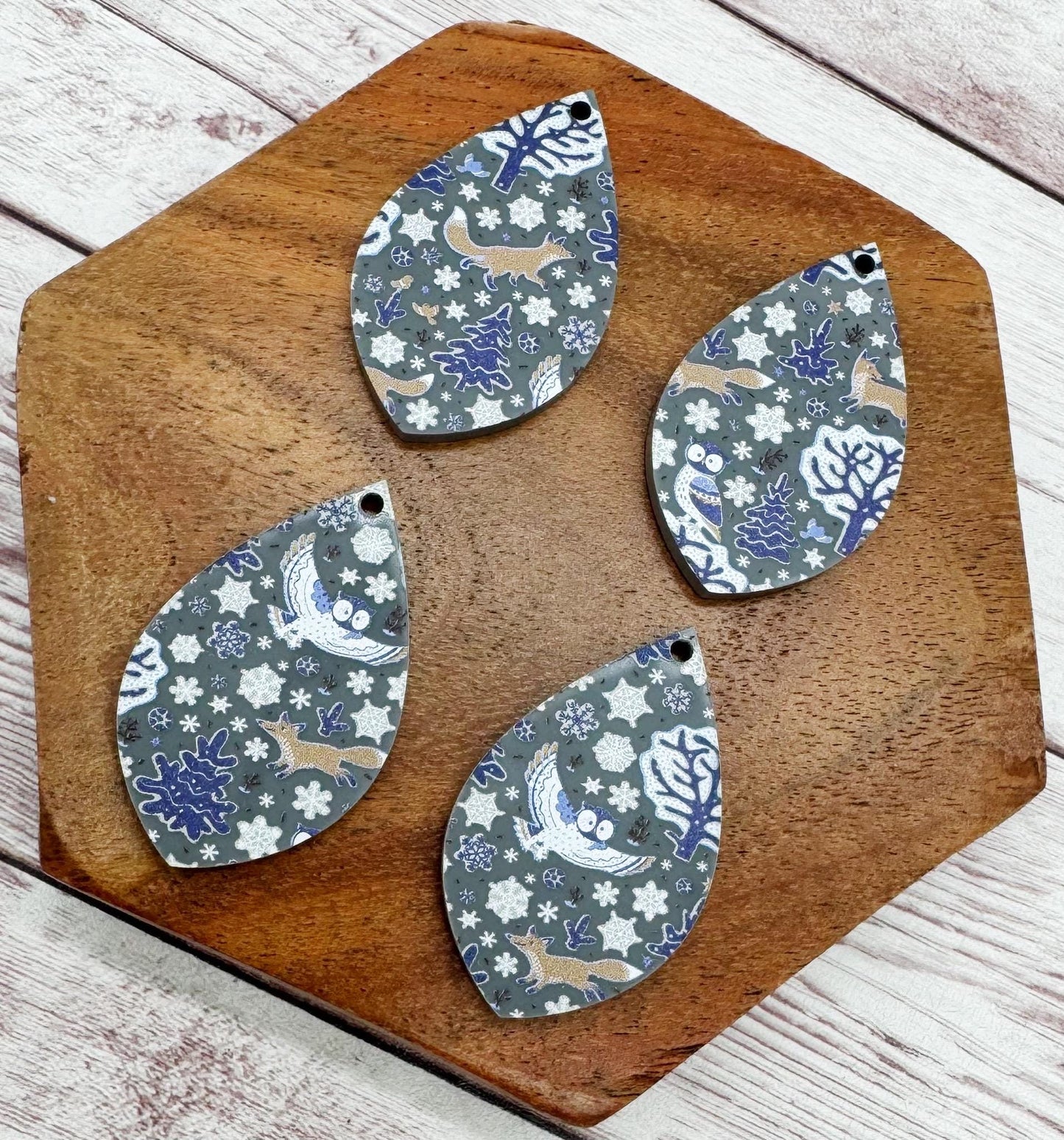 Winter Fox and Owl Grey Print Acrylic Teardrop Earring Blanks, Winter, Christmas, DIY Jewelry Making