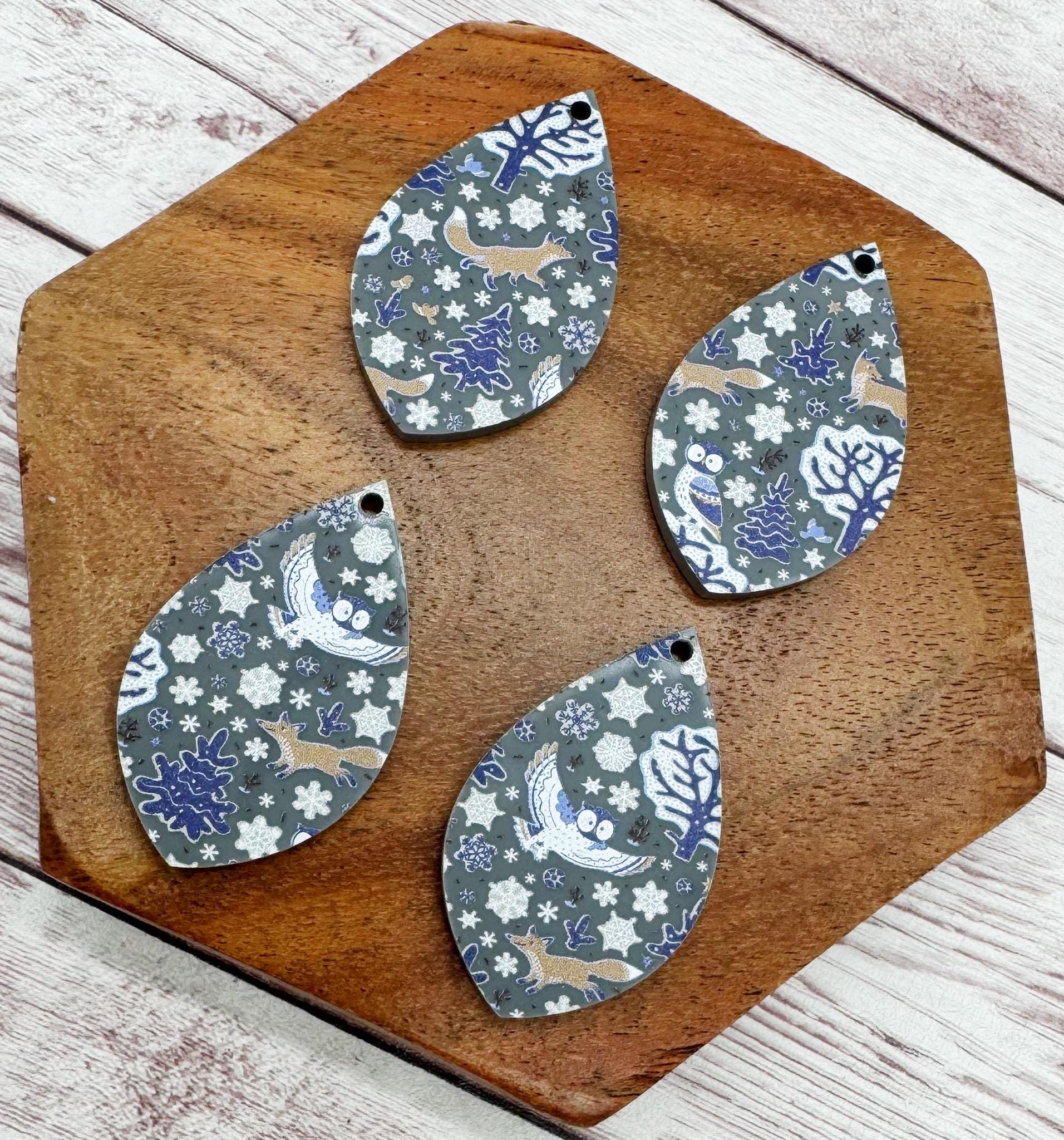 Winter Fox and Owl Grey Print Acrylic Teardrop Earring Blanks, Winter, Christmas, DIY Jewelry Making