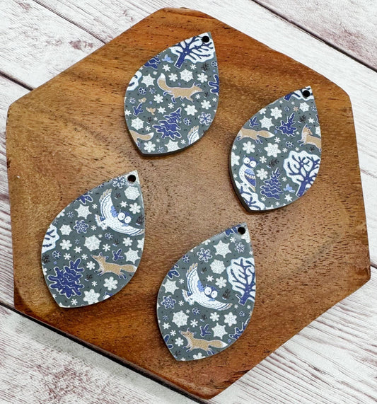 Winter Fox and Owl Grey Print Acrylic Teardrop Earring Blanks, Winter, Christmas, DIY Jewelry Making