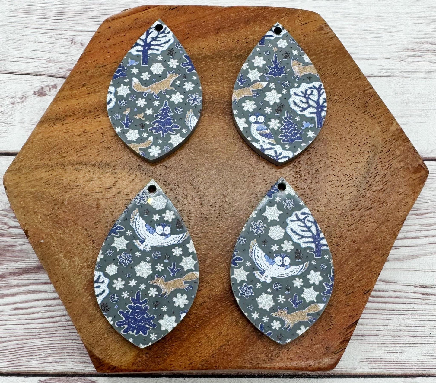Winter Fox and Owl Grey Print Acrylic Teardrop Earring Blanks, Winter, Christmas, DIY Jewelry Making